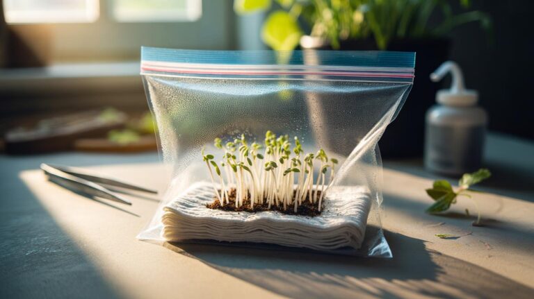 Illustration of seeds germinating on a rinsed, unscented dryer sheet inside a partially sealed plastic bag