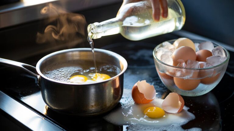 Illustration of boiling eggs in a saucepan with vinegar in the water and an ice bath nearby for easy peeling