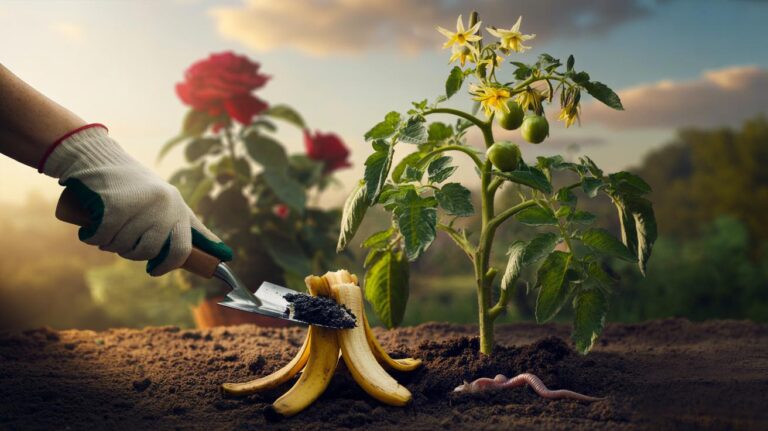 Illustration of chopped banana peels being buried into garden soil around tomato and rose plants as a slow-release natural fertiliser