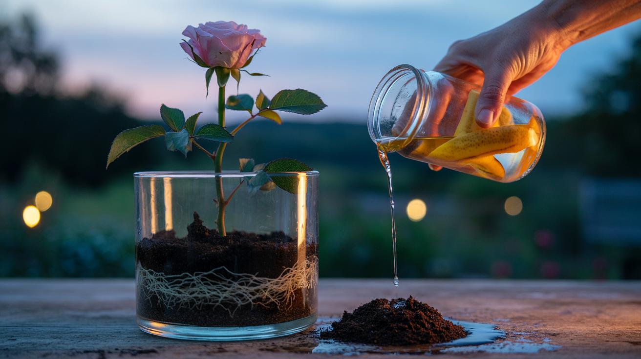 Illustration of banana peel infusion being poured onto the soil around a potted flowering plant to nourish roots overnight