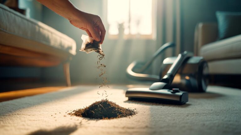 Illustration of dry tea leaves being sprinkled from an opened tea bag onto a carpet before vacuuming to remove odours