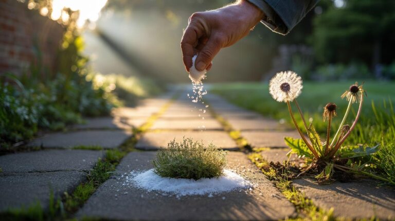Illustration of salt being sprinkled onto weeds in the cracks of a paved garden pathway as a natural herbicide