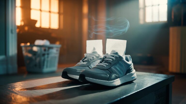 Illustration of a dryer sheet placed inside a pair of trainers to absorb odours in 10 minutes
