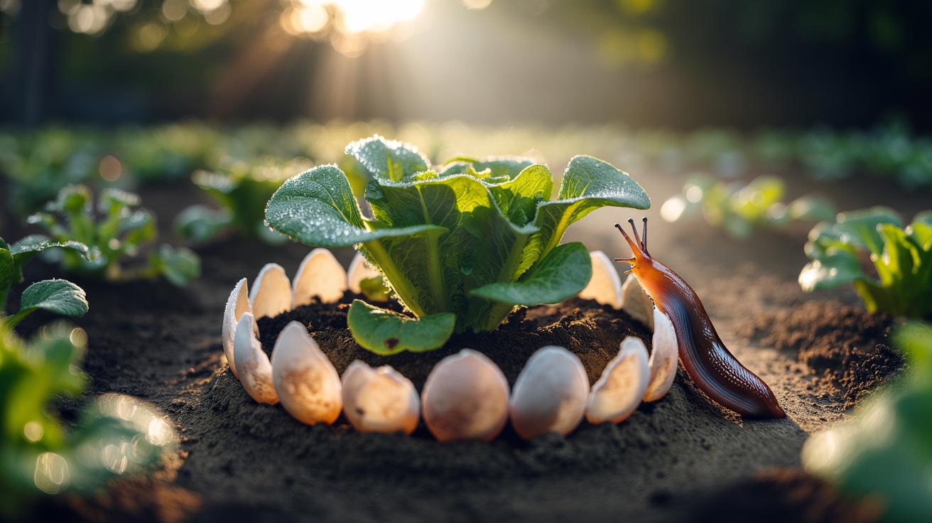 Illustration of a ring of crushed eggshells around a garden plant to deter slugs and snails