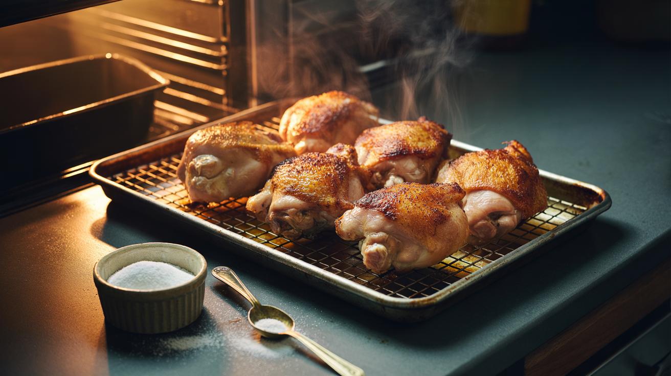 Illustration of chicken pieces with skin lightly dusted with baking soda and salt roasting on a rack to achieve golden, crispy skin