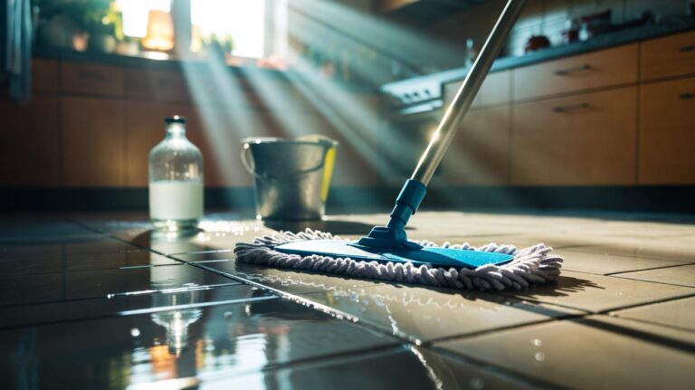 Illustration of a quick five-minute mop using white vinegar and a microfibre mop to make a dull floor sparkle