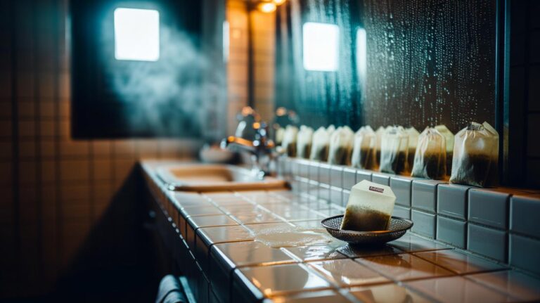 Illustration of dry tea bags placed around a bathroom on a window sill, by a mirror, and near tiles, absorbing overnight moisture to help prevent mould