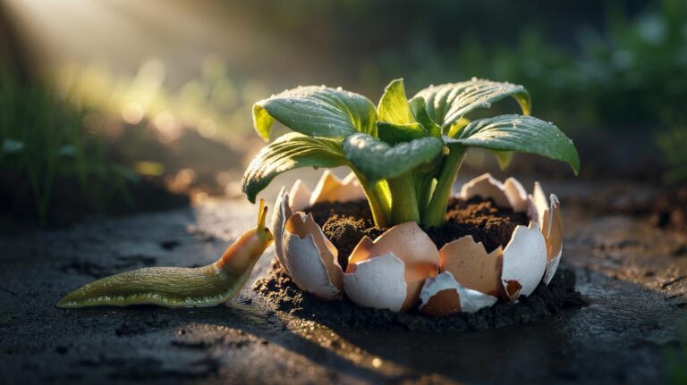 Illustration of a garden plant surrounded by a ring of crushed eggshells acting as a barrier to deter slugs overnight