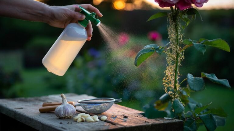 Illustration of a gardener applying a homemade garlic spray to aphid-infested garden plants at dusk