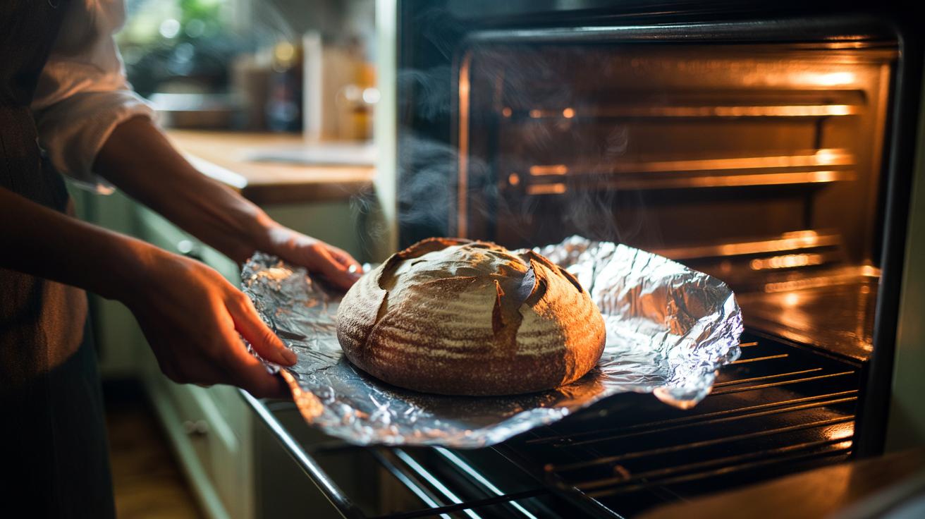 Illustration of stale bread wrapped in aluminium foil being reheated in a home oven to restore a crisp crust and soft crumb in five minutes