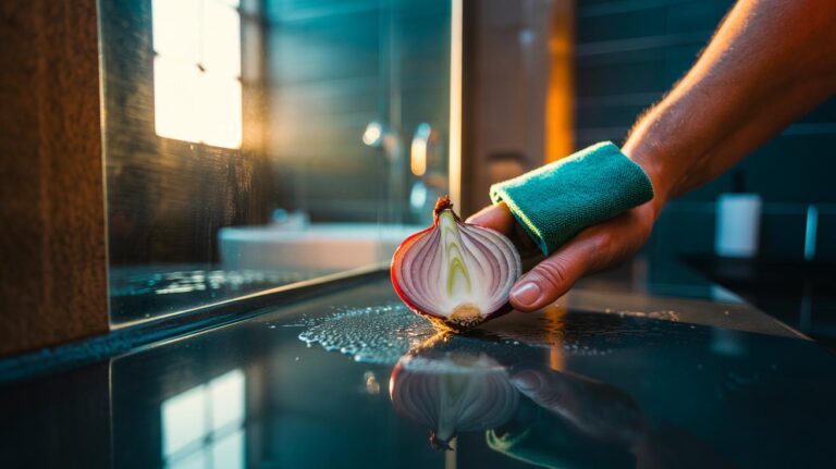 Illustration of a hand using a cut onion to polish a glass mirror, leaving a streak-free shine