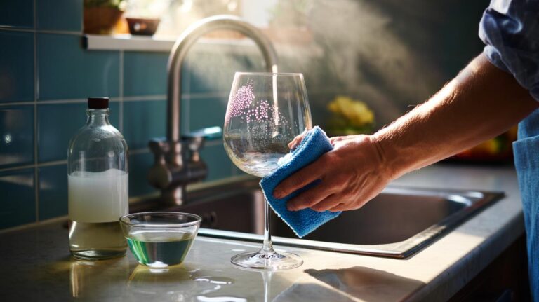 Illustration of glassware being cleaned with distilled white vinegar and a microfibre cloth to remove limescale and water spots