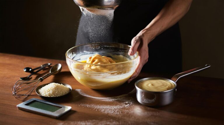 Illustration of rice flour and a pregelatinised rice paste being incorporated into cake batter using a gentle method to ensure a smooth, even texture