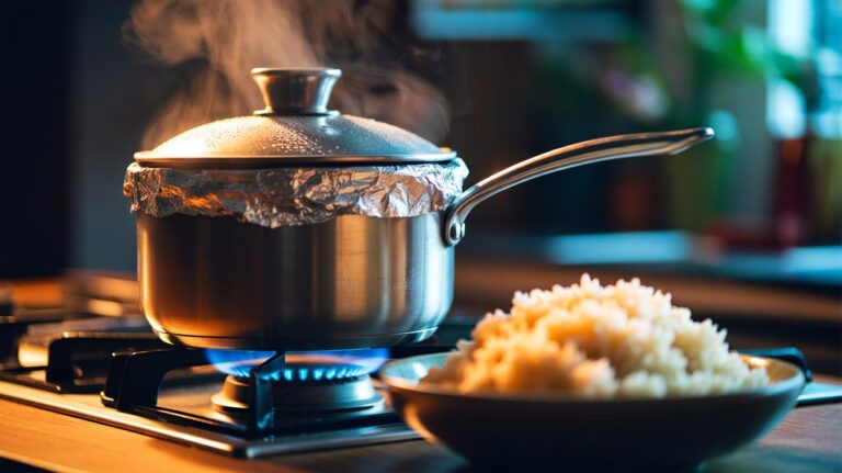 Illustration of a saucepan on a hob with aluminium foil crimped beneath the lid to trap steam, cooking fluffy rice