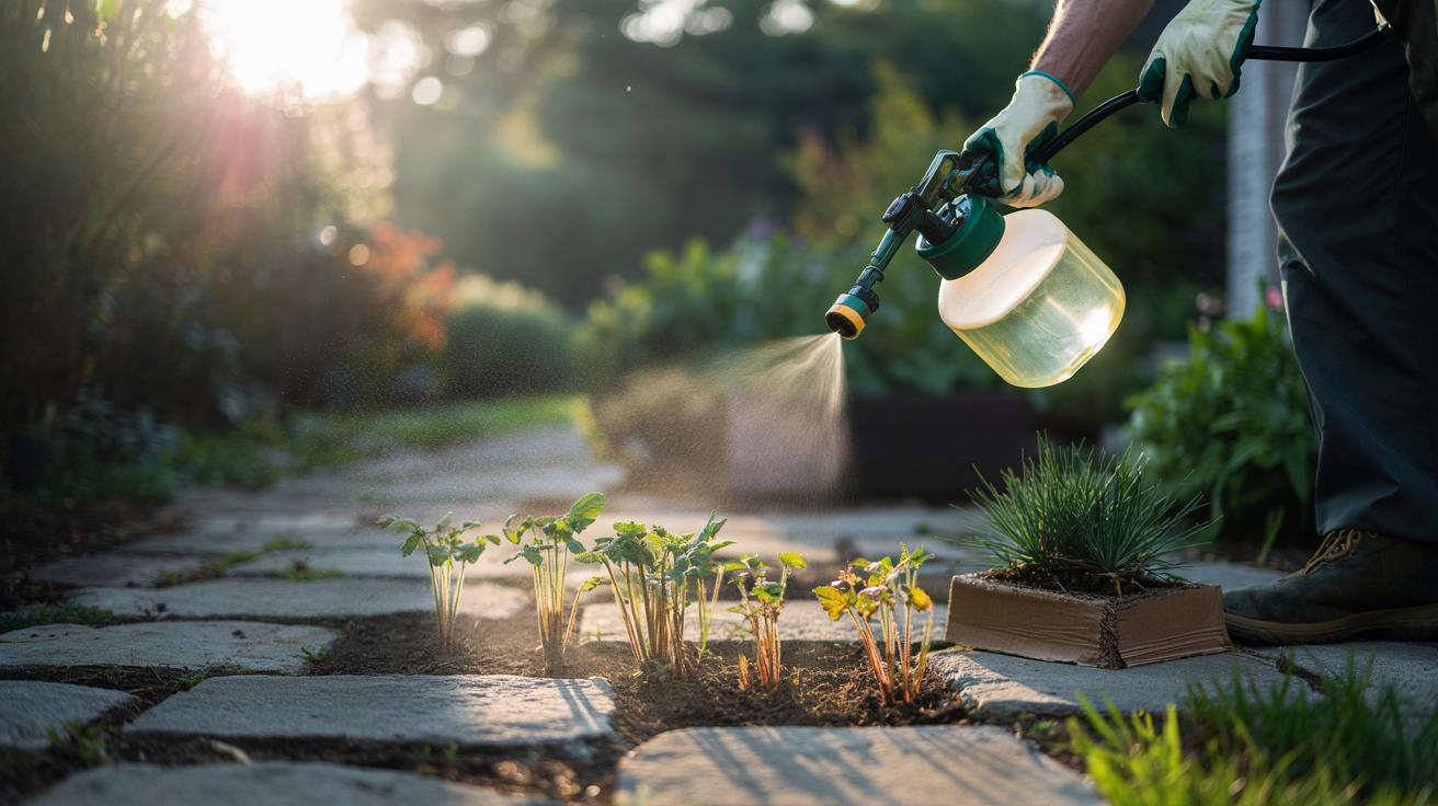Illustration of a gardener spot-spraying vinegar onto young weeds with a handheld sprayer in bright sunlight