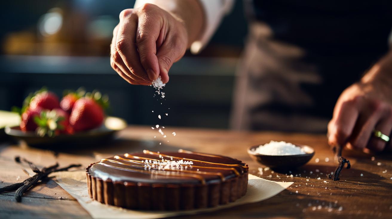 Illustration of a hand sprinkling a pinch of salt over a chocolate dessert to enhance sweetness and flavour