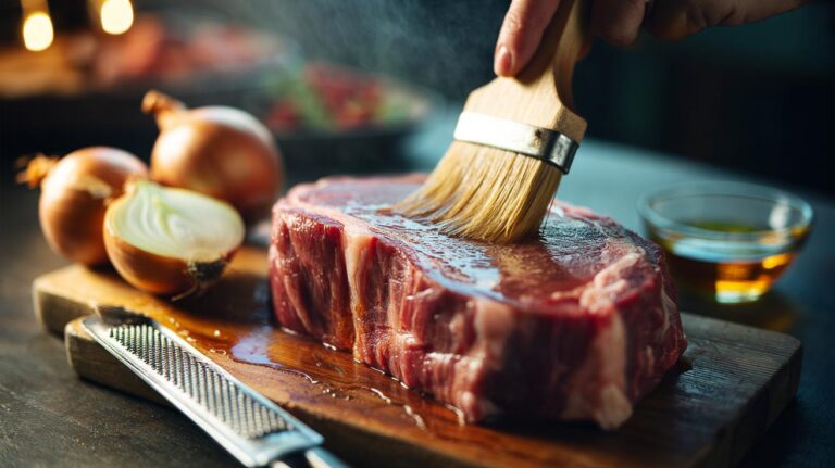 Illustration of onion enzymes tenderizing meat by breaking down muscle fibers for juicier, more tender cuts